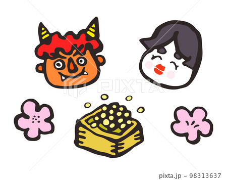 節分セット　筆でかいた鬼やおかめ、豆などのイラスト 98313637