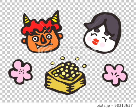 節分セット　筆でかいた鬼やおかめ、豆などのイラスト 98313637