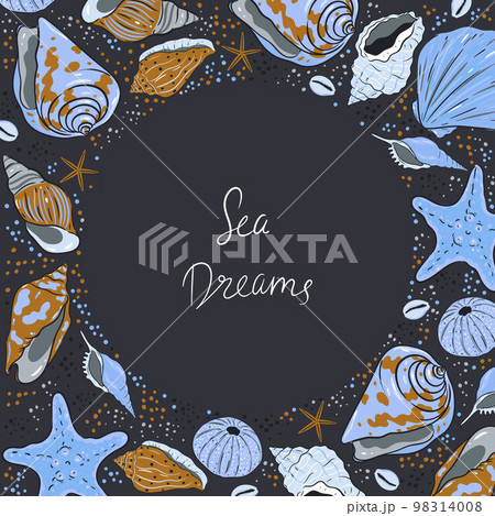 Round frame with sea shells ornament. Vector graphics. Round frame with sea shells ornament. Vector graphics. 98314008