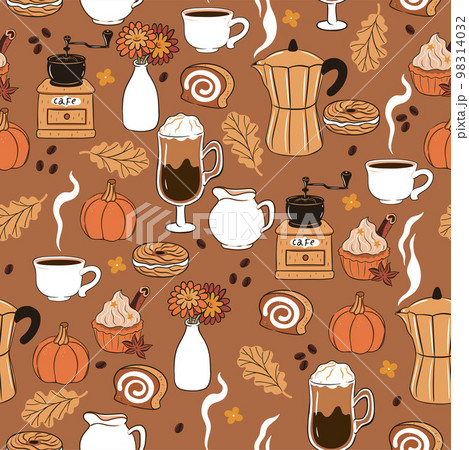 Seamless pattern with coffee, pastries, coffee grinders, bouquets, autumn leaves. Vector graphics. Seamless pattern with coffee, pastries, coffee grinders, bouquets, autumn leaves. Vector graphics. 98314032