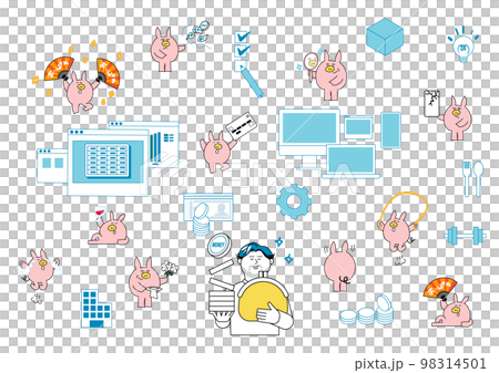 Illustration set of a man holding money and a pig character 98314501