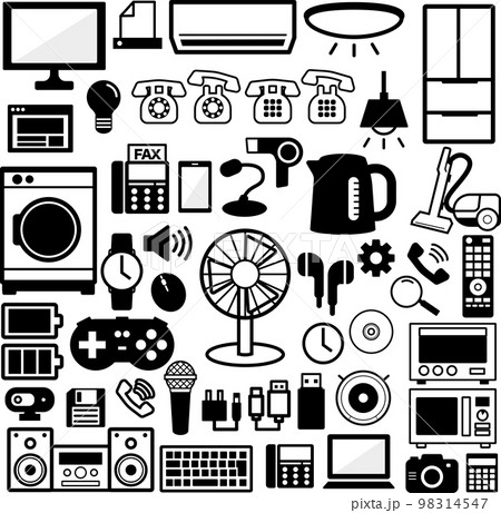 電化製品等シンプルモノクロイラストセット 電化製品等シンプルモノクロイラストセット 98314547