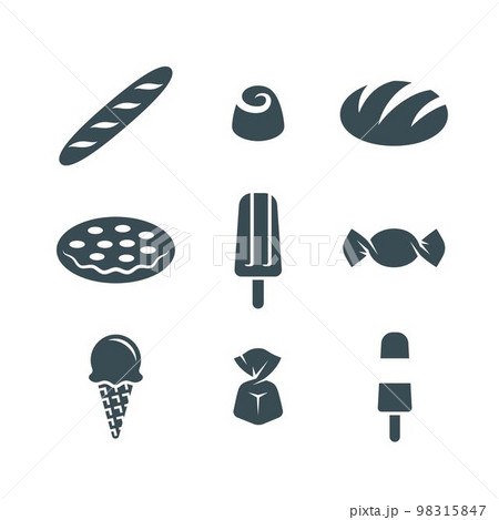 Bake shop products icons. Baguette, round bread, pizza, chocolate candy, wrapped sweets, ice cream cone, ice popsicle. Simple silhouette pictograms for bakery or bakehouse Bake shop products icons. Baguette, round bread, pizza, chocolate candy, wrapped sweets, ice cream cone, ice popsicle. Simple silhouette pictograms for bakery or bakehouse 98315847