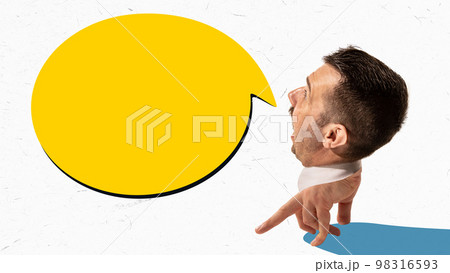 Conceptual creative art collage with huge man's head on human hand instead body and legs like office manager, white collar. Creative, business process, job, career concept 98316593
