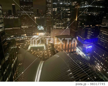 Aerial view of the World Trade Center Memorial and Oculus New York City at night 98317745