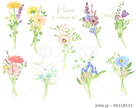 水彩調パステルカラーの花の素材セット（カラフル）のイラスト素材
