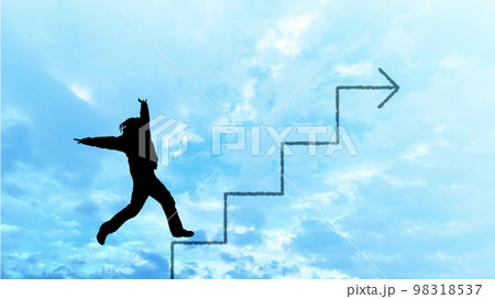 軽やかに飛ぶ女性シルエットと階段イラストと青空背景_ワイド 98318537