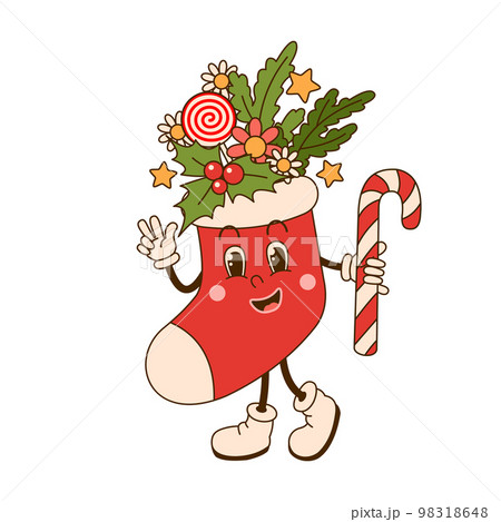 Groovy Christmas sock character in retro cartoon style isolated on white background. 98318648