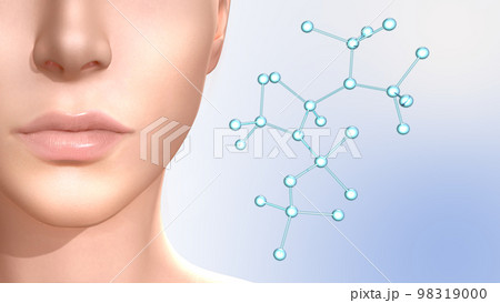 Skincare products ads template. 3D model of the female face and collagen molecule. 3D rendered illustrations 98319000