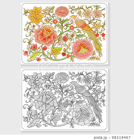 Fantasy flowers and pheasant bird in retro, vintage, chinese silk Fantasy flowers and pheasant bird in retro, vintage, chinese silk 98319467