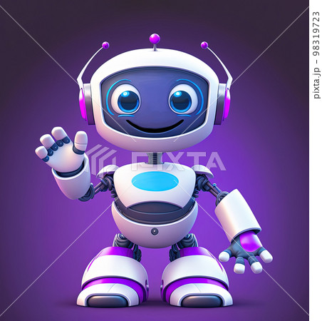 Cute humanoid robot full body over dark background waving hello. 3D illustration Cute humanoid robot full body over dark background waving hello. 3D illustration 98319723