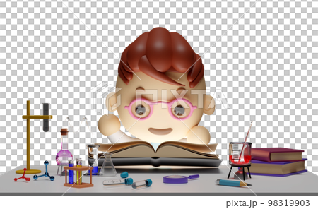 3d miniature cartoon scientist boy open magic book with science experiment kit, desk in lab isolated. room innovative education concept, 3d render illustration 98319903