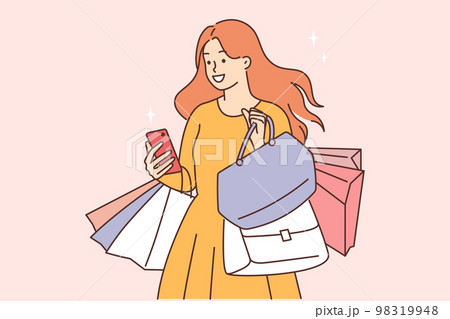 Smiling woman with shopping bags and cellphone  98319948