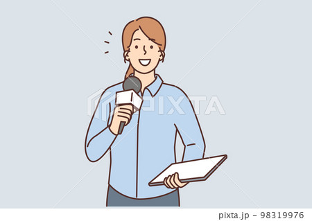Smiling female reporter with microphone  98319976