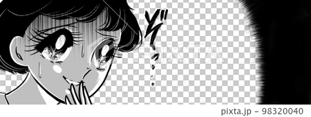 70s black and white pen drawing girl cartoon horror illustration of a scared black haired girl 98320040