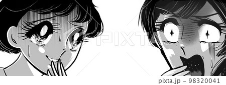 70年代白黒ペン画少女漫画ゾッとして怯える黒髪の女の子達のホラーイラスト 98320041