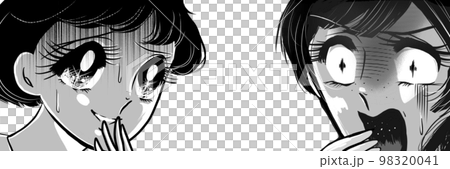 70年代白黒ペン画少女漫画ゾッとして怯える黒髪の女の子達のホラーイラスト 98320041