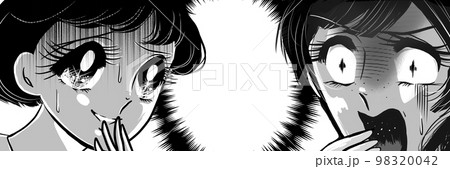 70年代白黒ペン画少女漫画ゾッとして怯える黒髪の女の子達のホラーイラスト 98320042