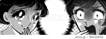 70's black and white pen drawing girl cartoon Horror illustration of frightened dark-haired girls 98320042