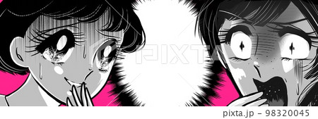 70年代白黒ペン画少女漫画ゾッとして怯える黒髪の女の子達のホラーイラスト 98320045