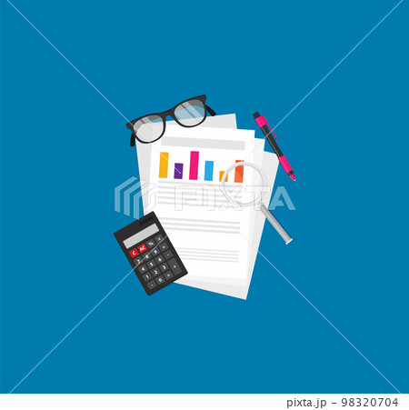 Auditor work desk, accounting paperwork, business research, financial audit, auditing tax process, report data analysis, analytics, financial research report, project desktop vector, color background 98320704