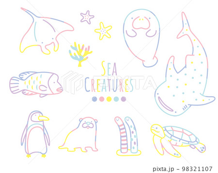 カラフルなラインで描かれた海の生き物 98321107