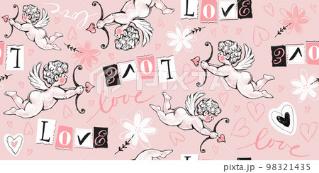 Seamless love Pattern, cupid shooting arrows with heart, flowers, word love from newspaper letters. Modern valentine's day collage, wrapping paper, pink background for wedding, vector illustration. Seamless love Pattern, cupid shooting arrows with heart, flowers, word love from newspaper letters. Modern valentine's day collage, wrapping paper, pink background for wedding, vector illustration. 98321435
