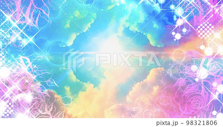 カラフルな薔薇のペン画フレームと宇宙に漂う美しい虹色の雲海のファンタジー背景イラスト カラフルな薔薇のペン画フレームと宇宙に漂う美しい虹色の雲海のファンタジー背景イラスト 98321806