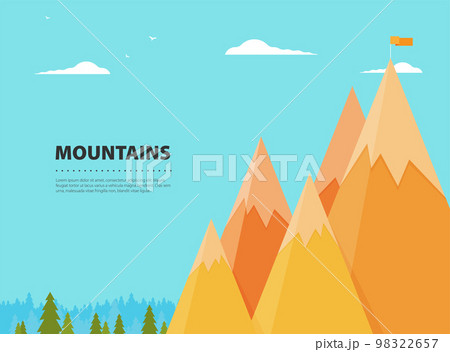 Vector flat flag on mountain. Success illustration. Goal achievement. Business concept. 98322657