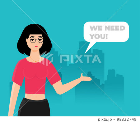 Woman with megaphone. Business hiring and recruiting concept. Flat vector illustration. Woman with megaphone. Business hiring and recruiting concept. Flat vector illustration. 98322749