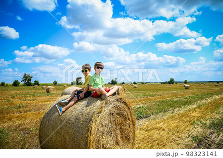 Two little boy stand among round haystack. Field with round bale Two little boy stand among round haystack. Field with round bale 98323141