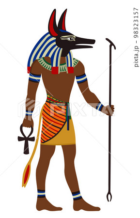 Ancient Egypt. Anubis, God of death. Man with black head of wild dog Sab. Vector illustration isolated on white background. Ancient Egypt. Anubis, God of death. Man with black head of wild dog Sab. Vector illustration isolated on white background. 98323157