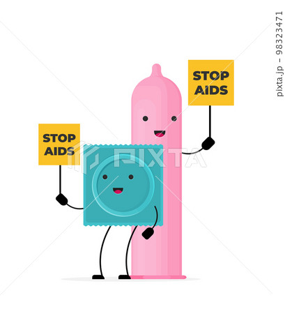 Condom with funny face. Vector flat illustration. 98323471