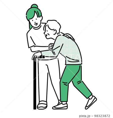 介護イメージ；歩行介助する若い女性介護士と高齢者 98323872