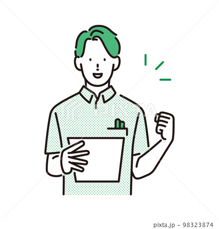 介護イメージ:ガッツポーズする若い男性介護職員 介護イメージ:ガッツポーズする若い男性介護職員 98323874