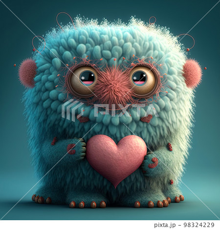 Adorable monster holding a heart. Cute valentines monster. Cute fluffy creature with a heart. Valentines day card. Adorable monster holding a heart. Cute valentines monster. Cute fluffy creature with a heart. Valentines day card. 98324229