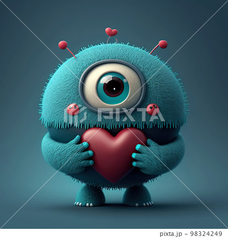 Adorable monster holding a heart. Cute valentines monster. Cute fluffy creature with a heart. Valentines day card. 98324249