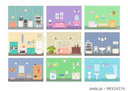 Nine different rooms with furniture. Doll house interior concept Nine different rooms with furniture. Doll house interior concept 98324274