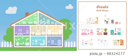 Doll House in cross section with eight place for furniture. Furniture for different rooms 98324277