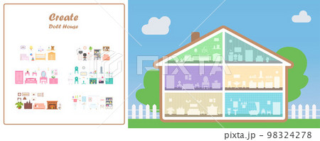 Doll House in cross section with place for furniture. Furniture for different rooms Doll House in cross section with place for furniture. Furniture for different rooms 98324278