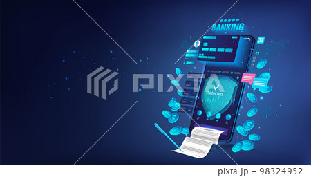 Application wallet or banking with 3D mobile phone, debit card, documentation and receipts 98324952