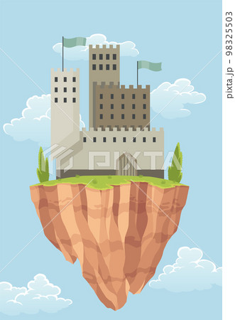 Flying island fairy tale castle. Cartoon fantasy palace with towers, vector medieval fort or fortress. Fairy tale kingdom house building in sky 98325503
