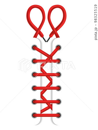 Red lace shoes. Scheme of tying shoelaces. Icon with tied shoelace isolated on white background. Lace option, how to lace up shoes 98325519