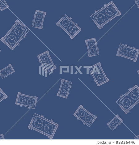 Chess clock engraved seamless pattern. Retro watch for chess game in hand drawn style. Sketch texture for fabric, wallpaper, textile, print, title, wrapping paper. Vector illustration. 98326446