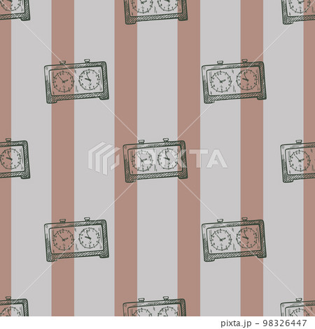 Chess clock engraved seamless pattern. Retro watch for chess game in hand drawn style. Sketch texture for fabric, wallpaper, textile, print, title, wrapping paper. Vector illustration. Chess clock engraved seamless pattern. Retro watch for chess game in hand drawn style. Sketch texture for fabric, wallpaper, textile, print, title, wrapping paper. Vector illustration. 98326447