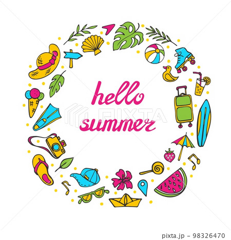 Summer symbols doodle clipart. Circle theme composition Summer symbols doodle clipart. Circle theme composition 98326470