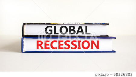 Global recession symbol. Concept words Global recession on books. Beautiful white table white background. Business and global recession concept. Copy space. 98326802