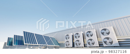 3d rendering of solar panel, condenser unit on rooftop. 3d rendering of solar panel, condenser unit on rooftop. 98327116