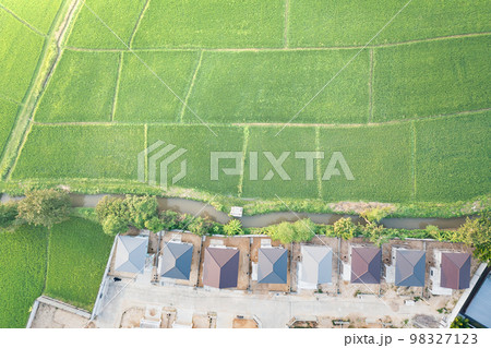 Land, landscape of green field in aerial view. 98327123