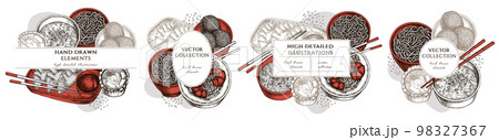 Asian food hand drawn frame templates. Vintage illustrations of jiaozi, jian dui, egg tart, noodles with shrimp, egg soup, noodles bowl. Asian food hand drawn frame templates. Vintage illustrations of jiaozi, jian dui, egg tart, noodles with shrimp, egg soup, noodles bowl. 98327367